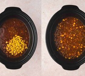 best slow cooker chili with beef and pinto beans, Corn added during the final cooking stage and finished chili served in a bowl with cheddar jalapeno and cilantro