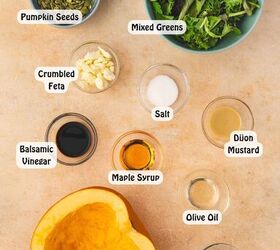 easy roasted pumpkin salad with feta balsamic vinaigrette, All ingredients for roasted pumpkin salad displayed together including fresh pumpkin strips spring mix feta cheese pumpkin seeds olive oil balsamic vinegar Dijon mustard and maple syrup