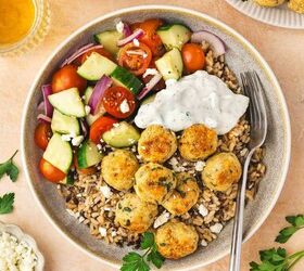 easy greek chicken and feta baked meatballs recipe gluten free, Chicken and feta meatballs paired with brown rice cucumber tomato salad and creamy tzatziki sauce