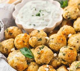easy greek chicken and feta baked meatballs recipe gluten free, Chicken and feta meatballs paired with a bowl of creamy tzatziki