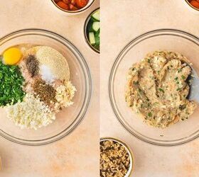 easy greek chicken and feta baked meatballs recipe gluten free, Mixing ground chicken feta breadcrumbs egg and herbs in a large bowl to make meatball mixture