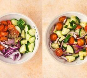 easy greek chicken and feta baked meatballs recipe gluten free, Chopped cucumber cherry tomatoes and red onion tossed with olive oil vinegar and oregano in a bowl