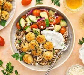 easy greek chicken and feta baked meatballs recipe gluten free, One serving of chicken and feta meatballs with brown rice cucumber tomato salad and tzatziki drizzle
