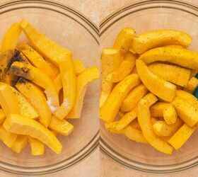 easy roasted pumpkin salad with feta balsamic vinaigrette, Pumpkin strips in a bowl being tossed with olive oil salt and pepper until evenly coated