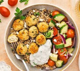 easy greek chicken and feta baked meatballs recipe gluten free, Baked meatballs made with chicken and feta served with rice salad and tzatziki