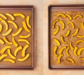 easy roasted pumpkin salad with feta balsamic vinaigrette, Seasoned pumpkin strips arranged in a single layer on a parchment lined baking sheet ready for roasting