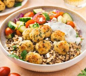 easy greek chicken and feta baked meatballs recipe gluten free, Greek inspired meatballs with feta brown rice cucumber tomato salad and tzatziki sauce