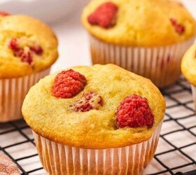 easy banana raspberry muffins with cake mix only 5 ingredients, Fluffy and soft banana raspberry muffins made with cake mix on a wooden tray
