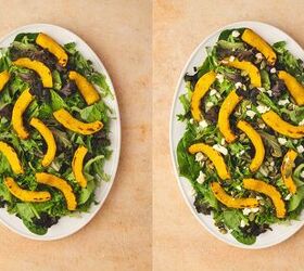 easy roasted pumpkin salad with feta balsamic vinaigrette, Spring mix topped with warm roasted pumpkin strips crumbled feta and toasted pumpkin seeds drizzled with balsamic vinaigrette