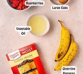 easy banana raspberry muffins with cake mix only 5 ingredients, All ingredients for 5 ingredient Banana Raspberry Muffins on a kitchen counter including ripe bananas eggs vegetable oil raspberries and cake mix