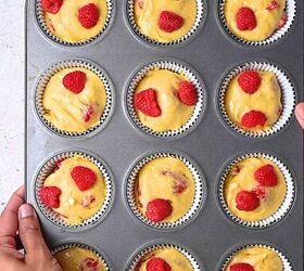 easy banana raspberry muffins with cake mix only 5 ingredients, Baking banana raspberry muffins in a preheated 350 F oven until golden and a toothpick comes out clean