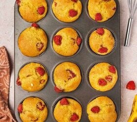 easy banana raspberry muffins with cake mix only 5 ingredients, Top view of 12 easy banana raspberry muffins fresh from the oven