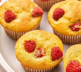 easy banana raspberry muffins with cake mix only 5 ingredients, Banana raspberry muffins served on a white plate for breakfast or snack