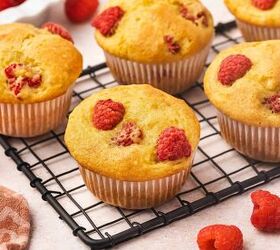 easy banana raspberry muffins with cake mix only 5 ingredients, Close up of a muffin crumb texture with visible raspberry pieces