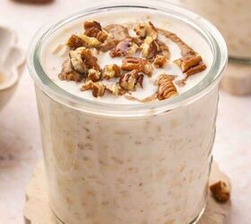 easy banana raspberry muffins with cake mix only 5 ingredients, Brown sugar and maple overnight oats served chilled in a transparent glass cup