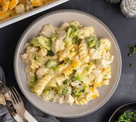 cheesy chicken casserole, Cheesy Chicken Casserole on a plate close up from above