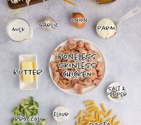 cheesy chicken casserole, Cheesy Chicken Casserole Ingredients on a counter