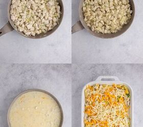 cheesy chicken casserole, Cheesy Chicken Casserole being made in a pan then placed in a baking dish before baking