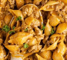cheesy chicken casserole, Homemade Hamburger Helper in a skillet up close on a spoon