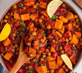 cheesy chicken casserole, Overhead of Sweet Potato Skillet with Fresh Parsley and Lemon Wedge Garnishes
