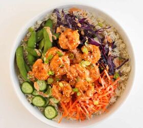 the best bang bang shrimp bowl ready in 30 minutes, Bang bang shrimp bowl with rice edamame cucumbers carrots and purple cabbage
