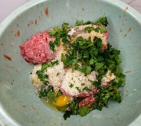 spaghetti and meatballs, Ground beef eggs breadcrumbs parsley Italian cooking ideas and recipes in a mixing bowl