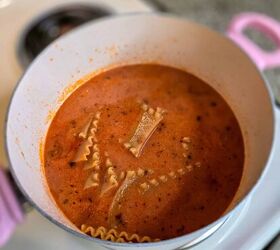 lasagna soup, Rich Italian pasta sauce cooking in a white pot for authentic Italian cooking ideas and recipes