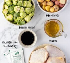 sheet pan chicken thighs, Potatoes brussels sprouts oil balsamic vinegar Italian seasoning packets and chicken thighs in individual bowls on a marble table