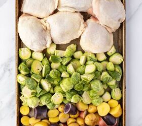 sheet pan chicken thighs, Chicken thighs Brussel sprouts and potatoes on a sheet pan