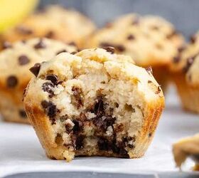 peanut butter banana muffins, Peanut Butter Banana Muffin on a counter with a bite taken