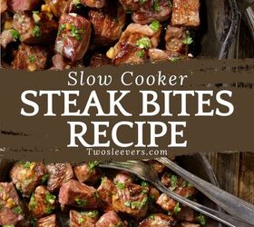 crockpot steak bites slow cooker steak bite recipe, Slow Cooker Steak Bites Pin with text overlay