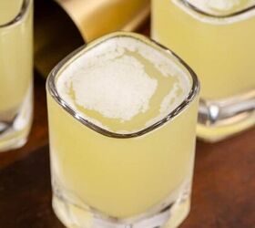 shamrock sour, Tic Tac Shots in Shot Glasses on a Wooden Tray from above