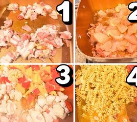 one pot bbq chicken pasta, a 4 image collage showing how to fry bacon cook chicken and pasta for bbq chicken pasta