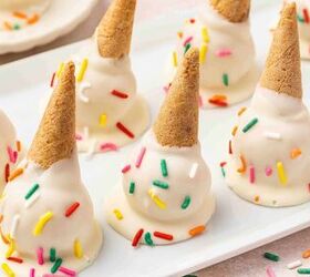 how to make ice cream cone cake pops easy dessert, Upside down ice cream cone cake pops dipped in white chocolate and sprinkles