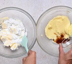 easy valentine s day heart cookies eggless sugar cookies recipe, Beating softened unsalted butter with powdered sugar in a large bowl until smooth and creamy with vanilla extract added