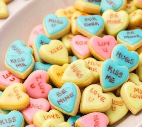 easy mini conversation heart cookies valentine s sugar cookie recipe, Homemade mini conversation heart cookies styled on a serving platter in natural light