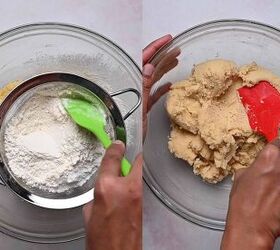 easy mini conversation heart cookies valentine s sugar cookie recipe, Sifting flour baking powder and salt directly into wet ingredients to form cookie dough