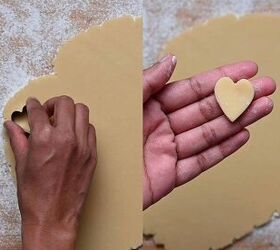 easy mini conversation heart cookies valentine s sugar cookie recipe, Cutting mini heart shapes from rolled cookie dough and placing them on a parchment lined baking sheet