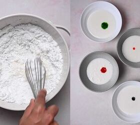 easy mini conversation heart cookies valentine s sugar cookie recipe, Mixing powdered sugar icing and coloring it with pastel gel food colors in small bowls