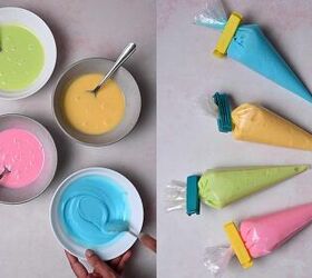 easy mini conversation heart cookies valentine s sugar cookie recipe, Transferring colored icing into piping bags secured with clips for decorating cookies