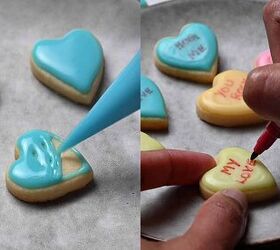easy mini conversation heart cookies valentine s sugar cookie recipe, Decorating mini heart cookies with pastel icing and writing love messages using edible food markers