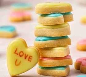 easy mini conversation heart cookies valentine s sugar cookie recipe, Stacked homemade mini conversation heart cookies with pastel icing and love messages
