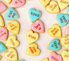 easy mini conversation heart cookies valentine s sugar cookie recipe, Mini conversation heart cookies arranged in a heart shape on a neutral background