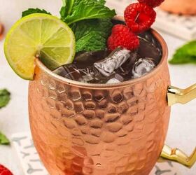 easy mini conversation heart cookies valentine s sugar cookie recipe, Refreshing Raspberry Moscow Mule cocktail in copper mug with fresh mint and raspberries