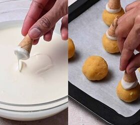 how to make ice cream cone cake pops easy dessert, Waffle cone tip dipped in white chocolate and attached to cake pop