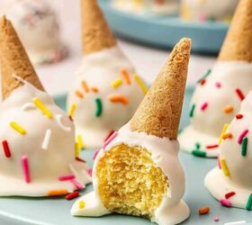 how to make ice cream cone cake pops easy dessert, Bite taken from a melted ice cream cone cake pop showing soft cake center