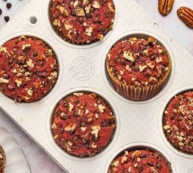 easy red velvet muffins recipe with chocolate chips bakery style, Red velvet muffins baked until fluffy and topped with pecans