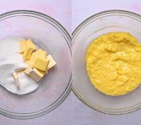 easy red velvet muffins recipe with chocolate chips bakery style, Beating butter and sugar until fluffy and adding eggs vanilla buttermilk and red food coloring