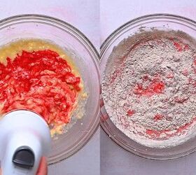 easy red velvet muffins recipe with chocolate chips bakery style, Folding the dry ingredients into the wet mixture for red velvet muffin batter