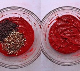 easy red velvet muffins recipe with chocolate chips bakery style, Gently folding mini chocolate chips and chopped pecans into red velvet muffin batter